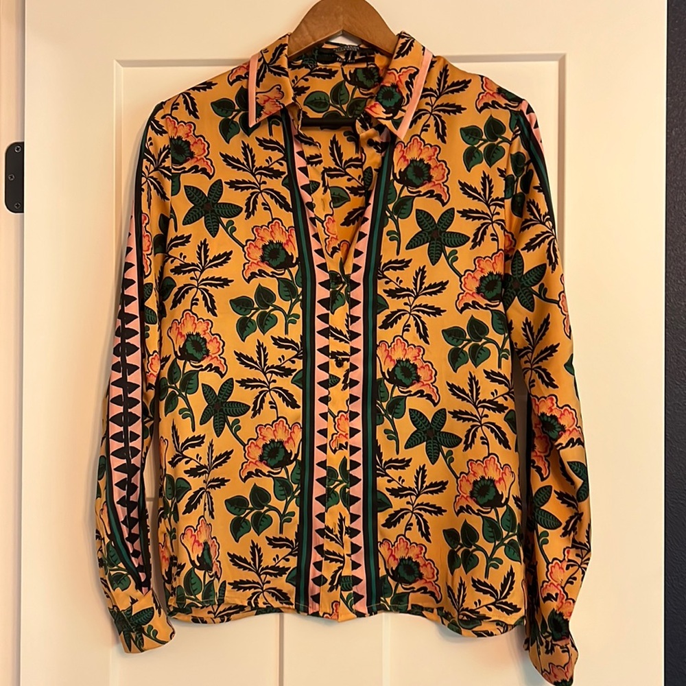 Scotch & Soda - Gold Floral Silk Button-up Blouse - Size Medium